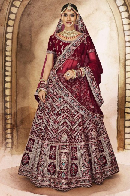 Velvet Bridal Lehenga Choli in Embroidered Maroon with Dupatta