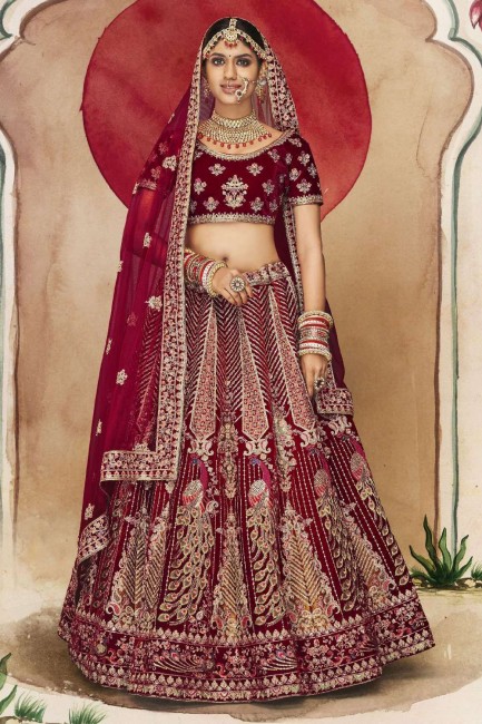 Velvet Maroon Embroidered Bridal Lehenga Choli with Dupatta