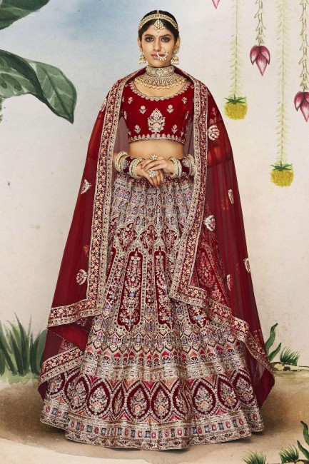 Velvet Embroidered Bridal Lehenga Choli in Maroon