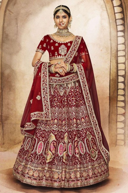 Embroidered Maroon Bridal Lehenga Choli Velvet with Dupatta