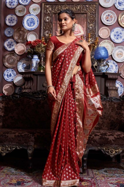 Banarasi silk Maroon Wedding Saree in Weaving