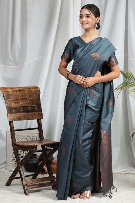 Grey Zari,embroidered Saree in Silk