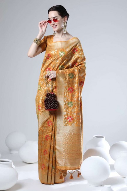 Yellow Saree in Tussar silk with Zari,weaving
