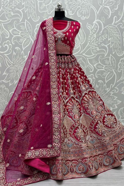 Velvet Bridal Lehenga Choli with Stone with moti in Pink