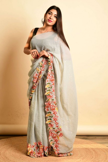 Saree in Georgette Grey with Embroidered