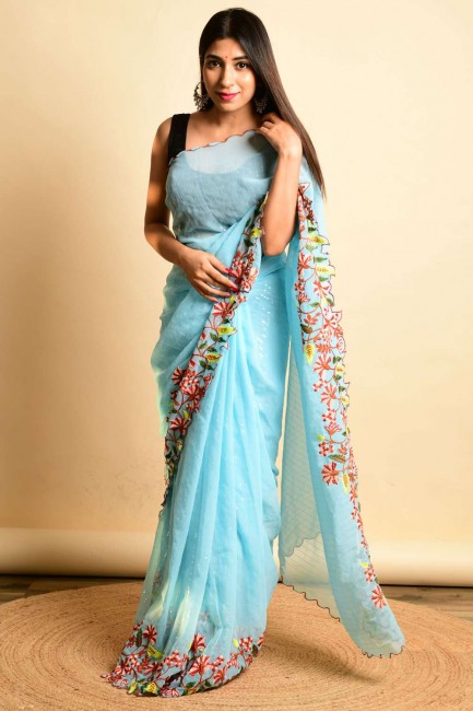 Saree Sky blue with Embroidered Georgette