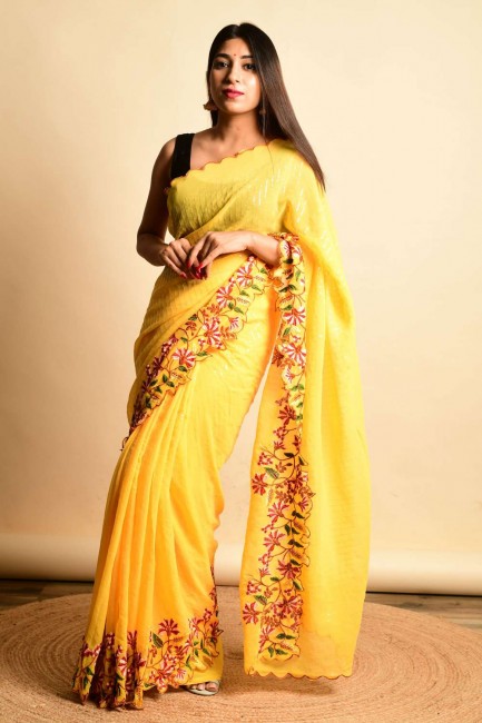 Yellow Saree in Georgette Embroidered