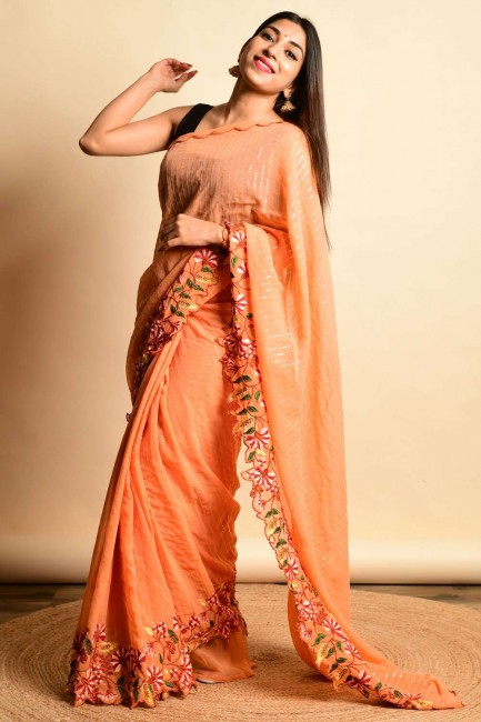 Peach Saree with Embroidered Georgette