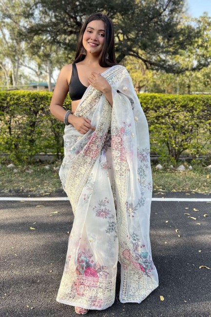 White Saree with Embroidered,digital print Organza
