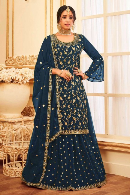 Embroidered Pakistani Suit in Teal blue Georgette