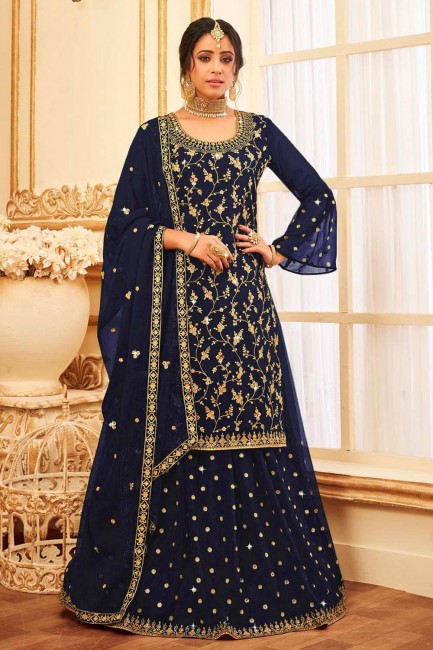 Blue Pakistani Suit in Embroidered Georgette