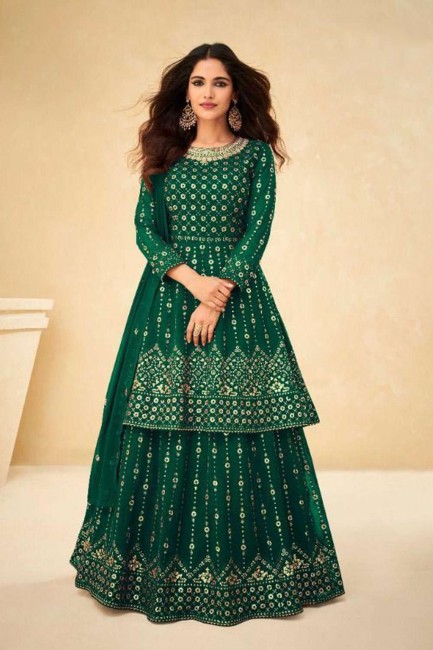 Green Georgette Embroidered Lehenga Suit with Dupatta