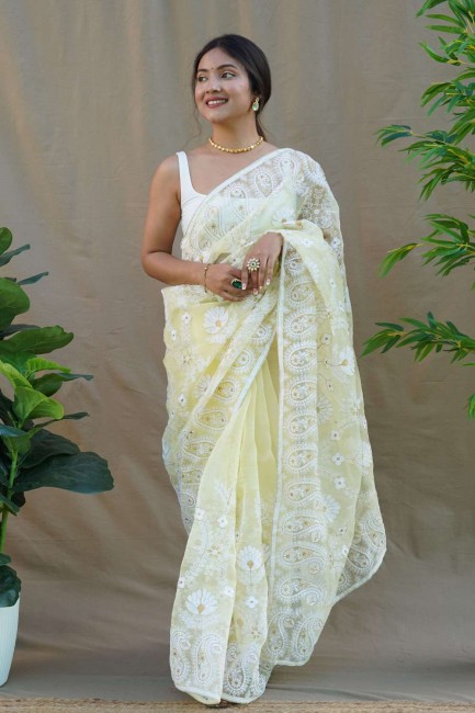 Yellow Saree with Thread,embroidered Organza