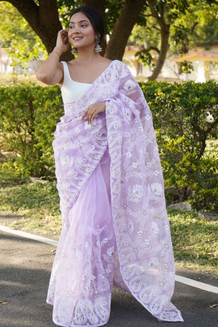 Purple Thread,embroidered Saree in Organza