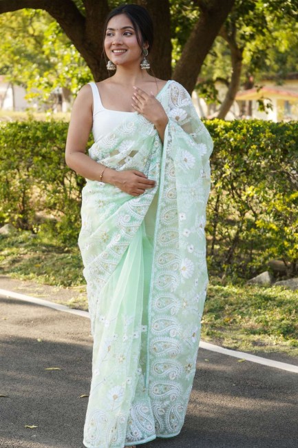 Green Saree with Thread,embroidered Organza