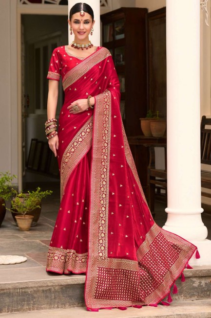 Crimson red Zari,embroidered Silk Wedding Saree
