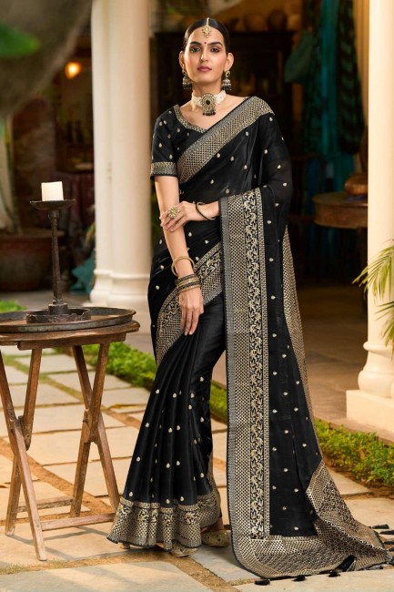 Zari,embroidered Silk Black Wedding Saree with Blouse
