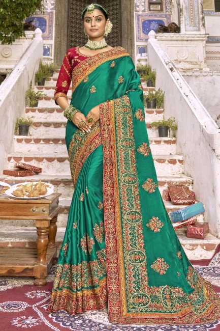 Sea green Wedding Saree with Zari,thread,embroidered Art silk