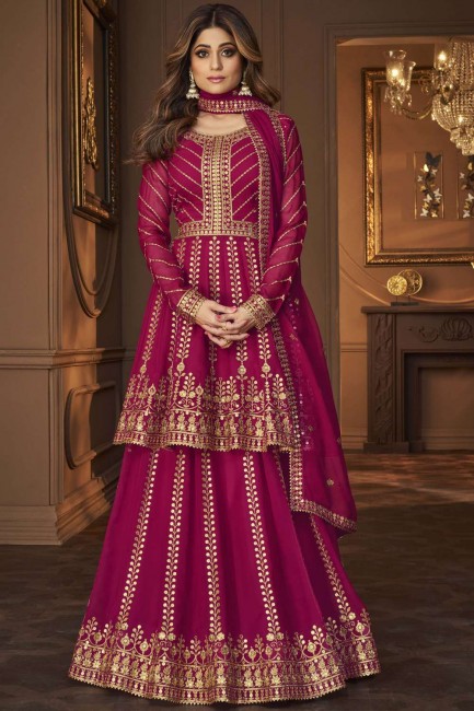 Georgette Lehenga Suit with Embroidered in Pink