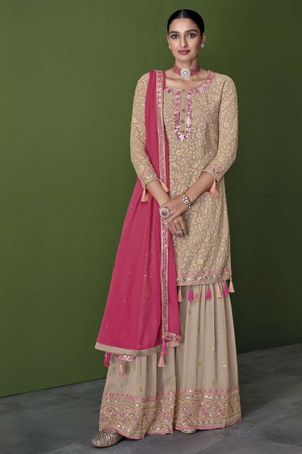 Embroidered Pakistani Suit in Beige Faux georgette
