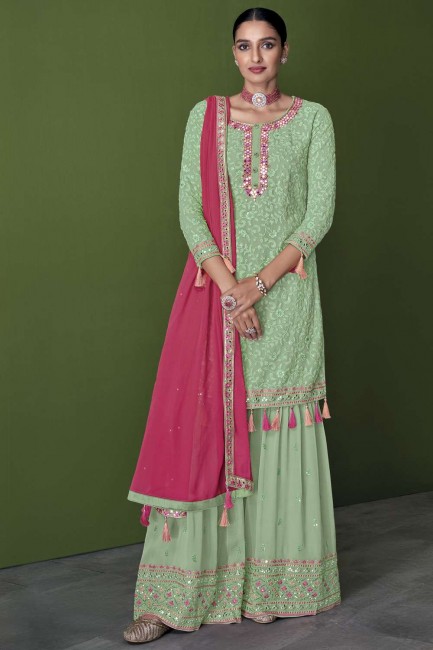 Embroidered Faux georgette Pakistani Suit in Pista with Dupatta