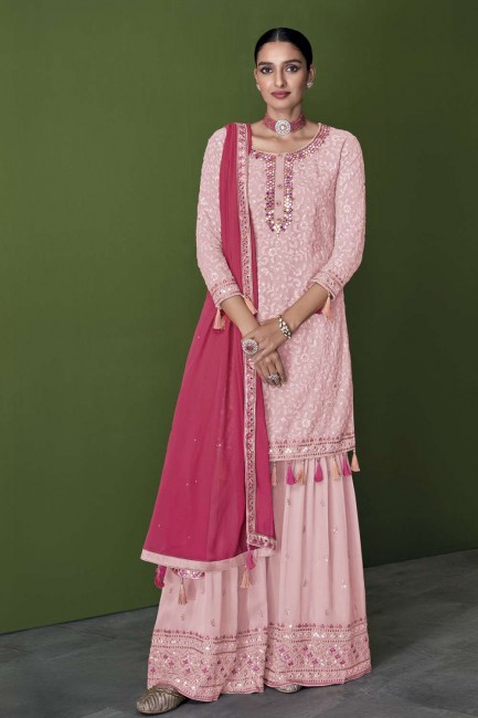 Faux georgette Pakistani Suit with Embroidered in Pink