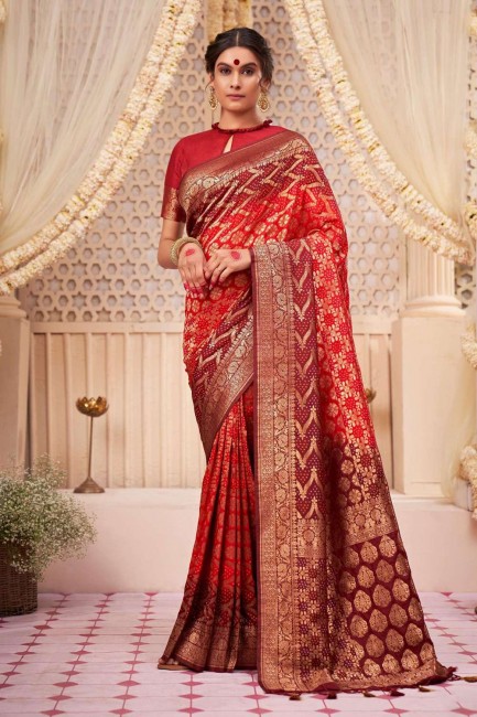 Red South Indian Saree in Weaving Raw silk