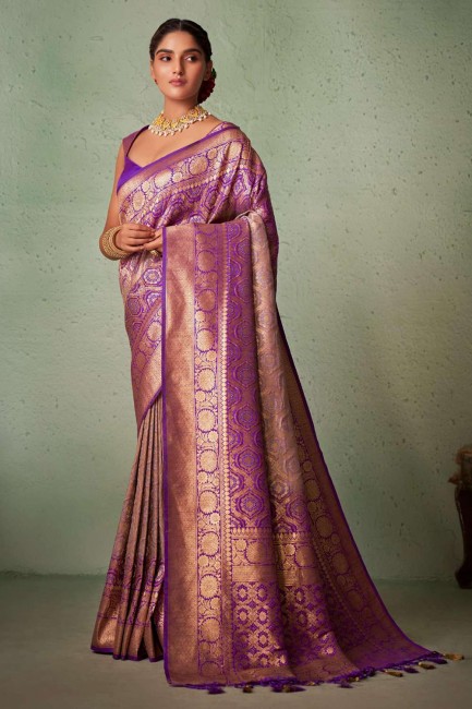 Saree in Lavender Raw silk with Weaving