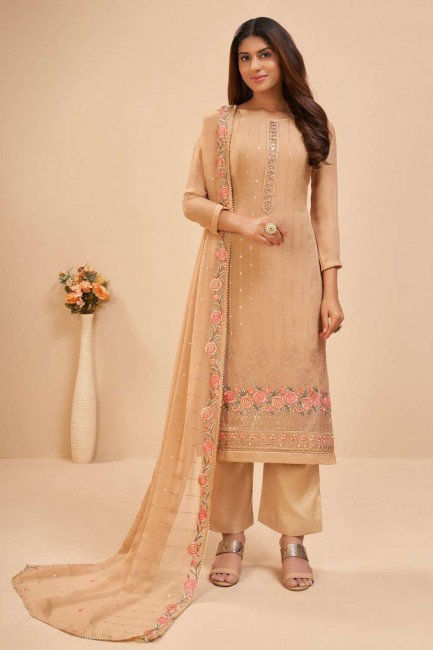 Georgette Palazzo Suit with Embroidered in Beige