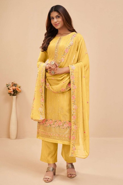 Embroidered Palazzo Suit in Yellow Georgette