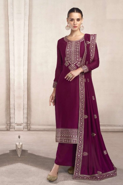 Embroidered Silk Pakistani Suit in Purple with Dupatta