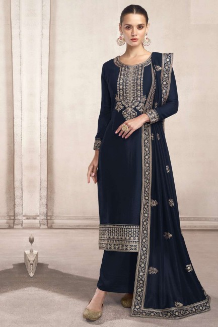 Embroidered Silk Blue Pakistani Suit with Dupatta