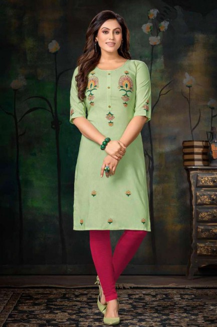 Green Embroidered Straight Kurti in Cotton