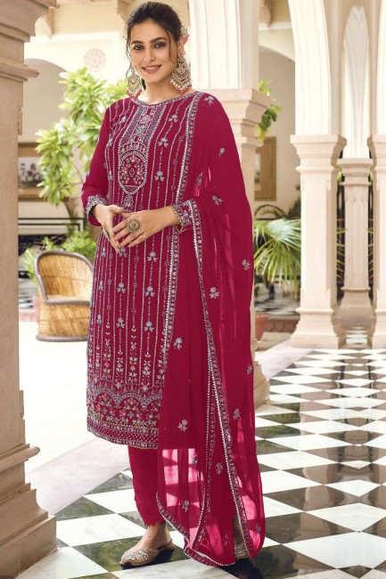 Printed Faux georgette Pakistani Suit in Pink with Dupatta