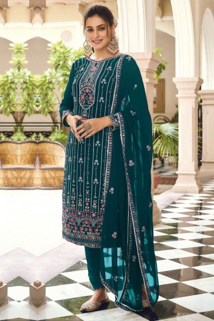 Teal blue Pakistani Suit in Faux georgette with Printed