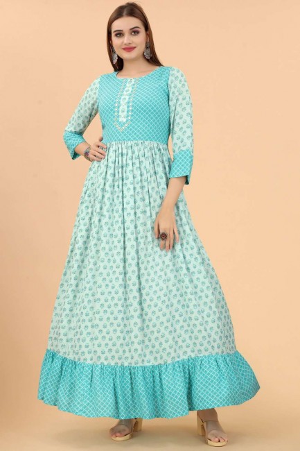 Sea green Gown Dress with Printed Viscose