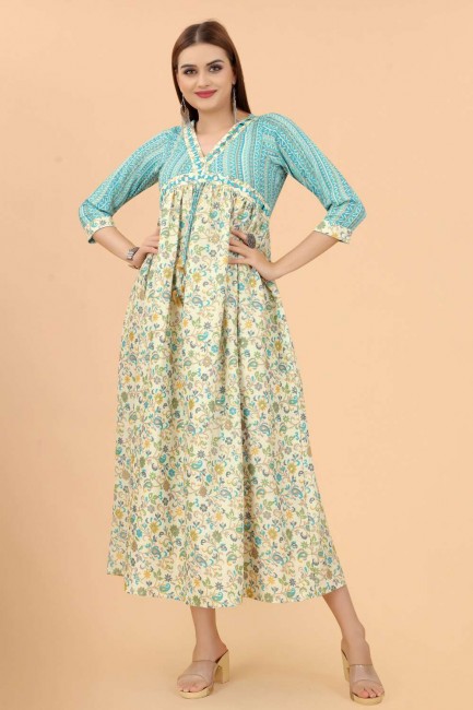 Cotton Gown Dress with Printed in Multicolor