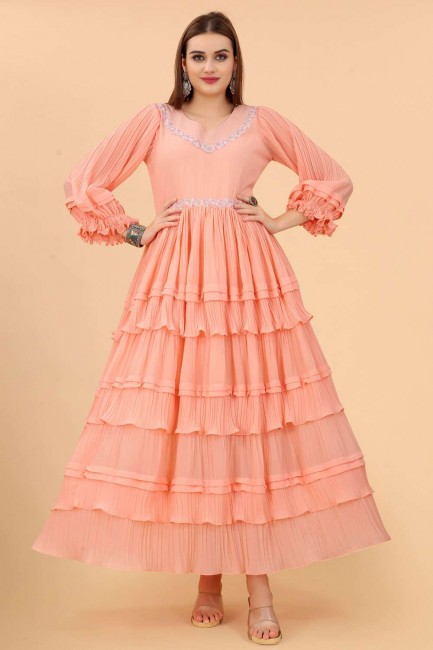 Georgette Peach Gown Dress in Plain