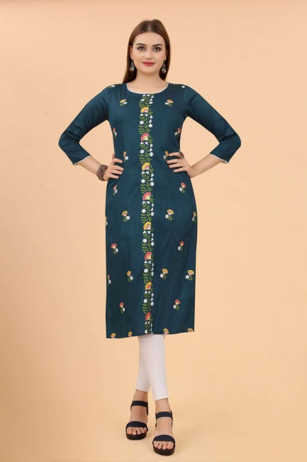 Cotton Straight Kurti in Rama  with Embroidered
