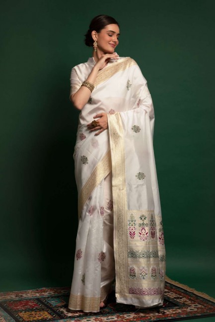 Saree in White Silk with Weaving