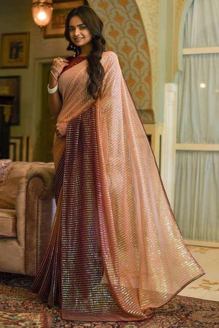 Saree in Brown with Georgette Embroidered