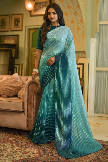 Rama  Saree with Embroidered Georgette