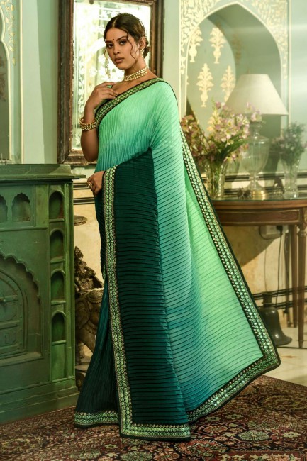 Saree in Green Chinon chiffon with Mirror,embroidered