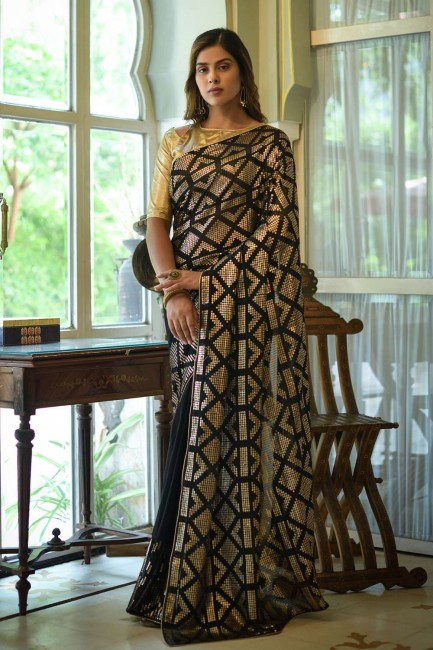 Saree with Embroidered in Black Georgette