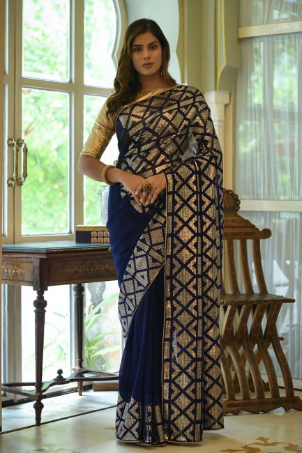 Georgette Saree with Embroidered in Blue