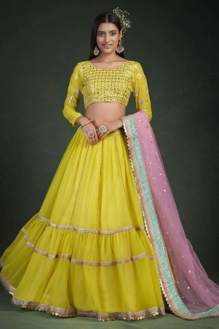 Lime yellow Party Lehenga Choli in Georgette with Embroidered
