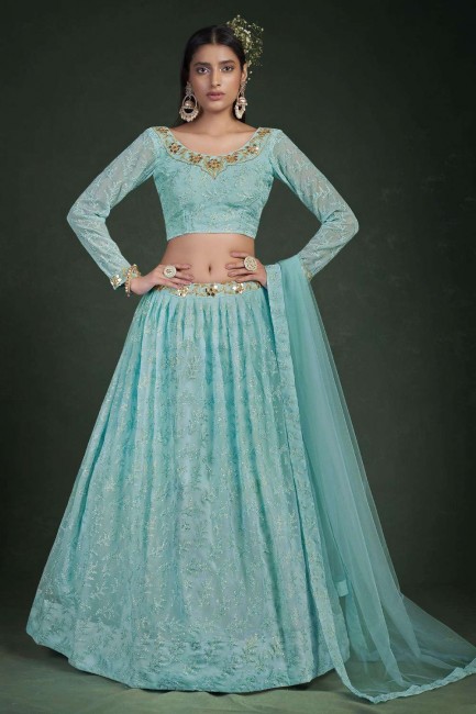 Blue Party Lehenga Choli in Georgette with Embroidered
