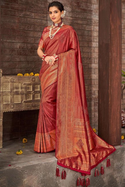 Brocade South Indian Saree in Maroon with Stone,weaving