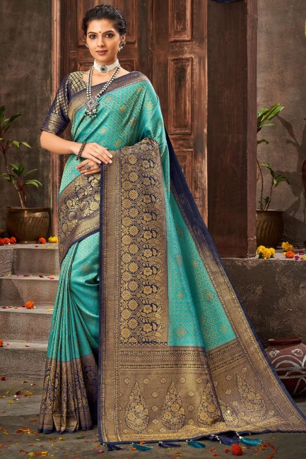 Stone,weaving Brocade South Indian Saree in Sky blue with Blouse