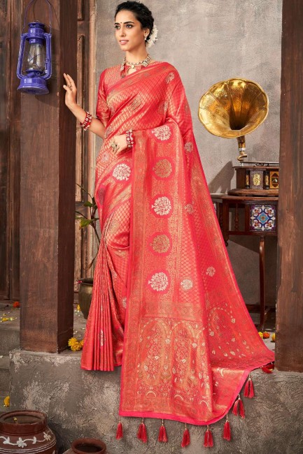 Rust South Indian Saree with Stone,weaving Brocade